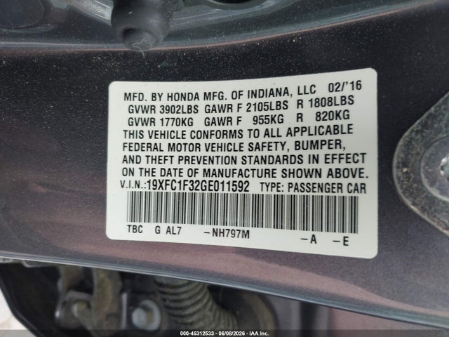 Продажа на аукционе авто 2016 Honda Civic Ex-t, vin: 19XFC1F32GE011592, номер лота: 45312533