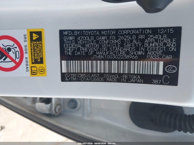 45312536 :رقم المزاد ، JTHBK1GG3G2238966 vin ، 2016 Lexus Es 350 مزاد بيع