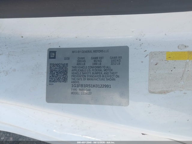 2019 Chevrolet Camaro 1lt მანქანა იყიდება აუქციონზე, vin: 1G1FB1RS1K0122991, აუქციონის ნომერი: 45312540