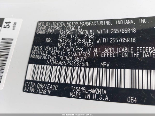 Продаж на аукціоні авто 2025 Toyota Grand Highlander Xle, vin: 5TDAAAB52SS087688, номер лоту: 45312543