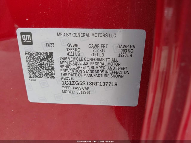 45312548 :رقم المزاد ، 1G1ZG5ST3RF137718 vin ، 2024 Chevrolet Malibu Fwd Rs مزاد بيع