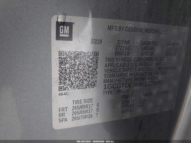 45312551 :رقم المزاد ، 1GCGTDEN6K1275497 vin ، 2019 Chevrolet Colorado Z71 مزاد بيع