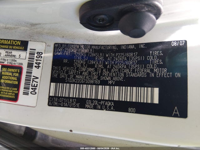 Aukcja sprzedaży 2007 Toyota Sienna Xle, vin: 5TDZK22C67S098169, numer aukcji: 45312560