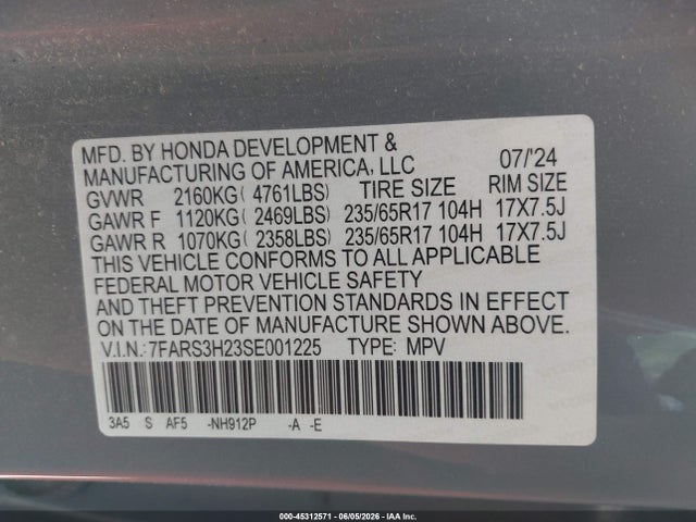 Продажа на аукционе авто 2025 Honda Cr-v Lx 2wd, vin: 7FARS3H23SE001225, номер лота: 45312571