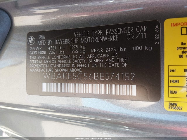 Aukcja sprzedaży 2011 Bmw 328i, vin: WBAKE5C56BE574152, numer aukcji: 45312573