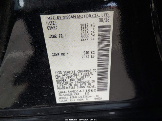 Aukcja sprzedaży 2018 Nissan Altima 2.5 S, vin: 1N4AL3AP8JC471960, numer aukcji: 45312578
