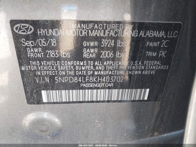 2019 Hyundai Elantra Sel მანქანა იყიდება აუქციონზე, vin: 5NPD84LF8KH403702, აუქციონის ნომერი: 45312581