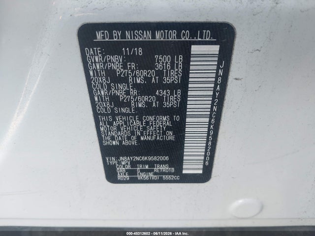 Продажа на аукционе авто 2019 Nissan Armada Platinum, vin: JN8AY2NC6K9582006, номер лота: 45312602