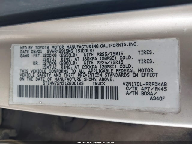 45312606 :رقم المزاد ، 5TEHN72N51Z830125 vin ، 2001 Toyota Tacoma Base V6 مزاد بيع