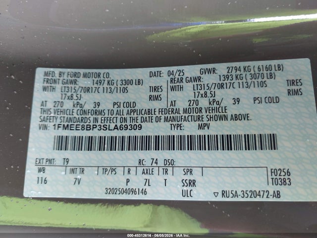 45312614 :رقم المزاد ، 1FMEE8BP3SLA69309 vin ، 2025 Ford Bronco Outer Banks مزاد بيع
