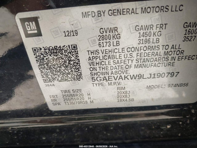 45312648 :رقم المزاد ، 5GAEVAKW9LJ190797 vin ، 2020 Buick Enclave Awd Essence مزاد بيع