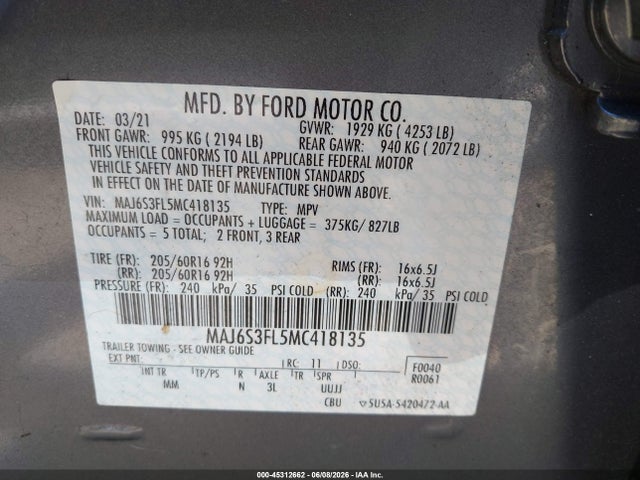 Ford ECOSPORT S 2021 MAJ6S3FL5MC418135 Image 9
