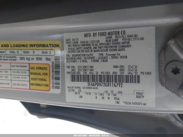Ford FUSION SE 2016 3FA6P0H72GR116792 Image 9