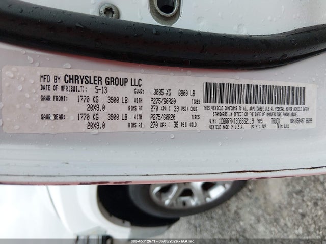 Продаж на аукціоні авто 2013 Ram 1500 Laramie, vin: 1C6RR7NT9DS662119, номер лоту: 45312671