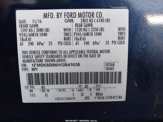 1FM5K8B86HGB41638 Ford Explorer