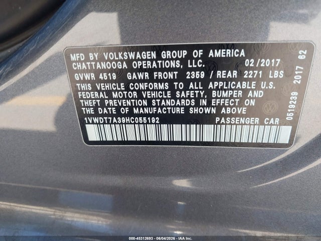 Продаж на аукціоні авто 2017 Volkswagen Passat 1.8t R-line, vin: 1VWDT7A39HC055192, номер лоту: 45312693