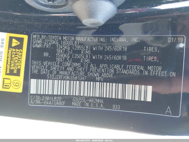 5TDJZRFH9KS581347 Toyota Highlander Xle