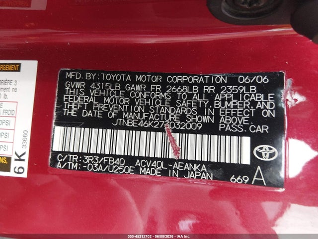 Продажа на аукционе авто 2007 Toyota Camry Le, vin: JTNBE46K273032009, номер лота: 45312702