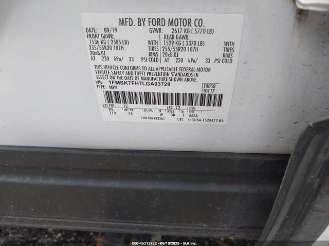 Продажа на аукционе авто 2020 Ford Explorer Limited, vin: 1FMSK7FH7LGA93728, номер лота: 45312722
