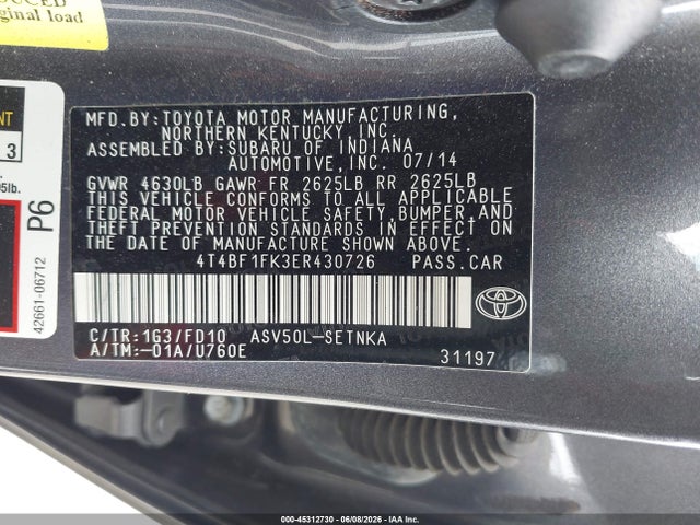 45312730 :رقم المزاد ، 4T4BF1FK3ER430726 vin ، 2014 Toyota Camry Le مزاد بيع