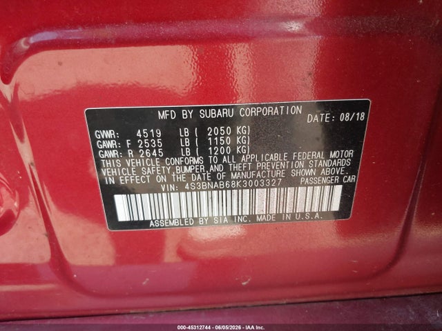 Aukcja sprzedaży 2019 Subaru Legacy 2.5i, vin: 4S3BNAB68K3003327, numer aukcji: 45312744