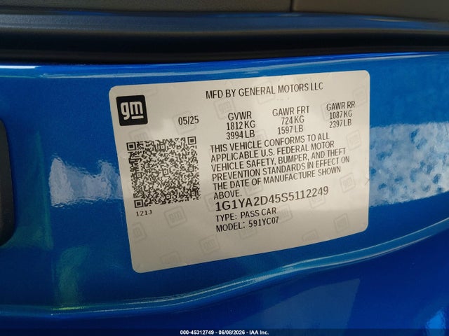 Auction sale of the 2025 Chevrolet Corvette Stingray Rwd  1lt, vin: 1G1YA2D45S5112249, lot number: 45312749