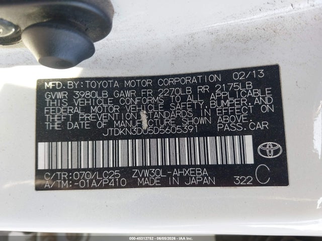 45312752 :رقم المزاد ، JTDKN3DU5D5605391 vin ، 2013 Toyota Prius Three Se مزاد بيع