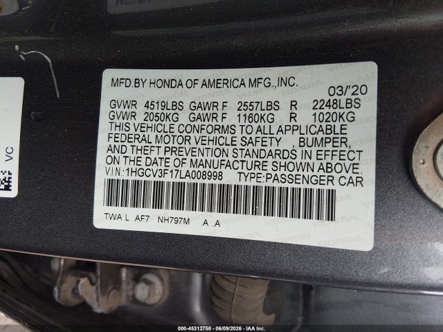 Продажа на аукционе авто 2020 Honda Accord Hybrid, vin: 1HGCV3F17LA008998, номер лота: 45312758