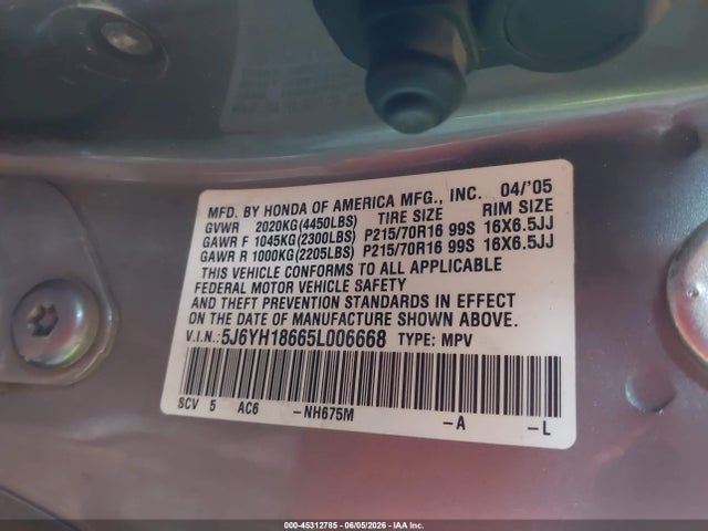 Aukcja sprzedaży 2005 Honda Element Ex, vin: 5J6YH18665L006668, numer aukcji: 45312785