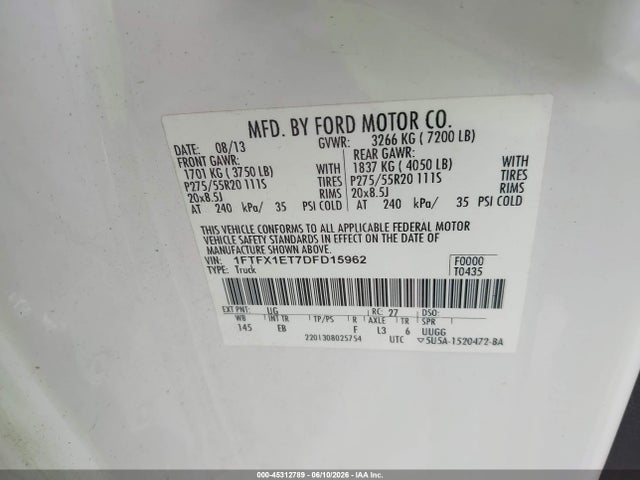 Продаж на аукціоні авто 2013 Ford F-150 Lariat, vin: 1FTFX1ET7DFD15962, номер лоту: 45312789