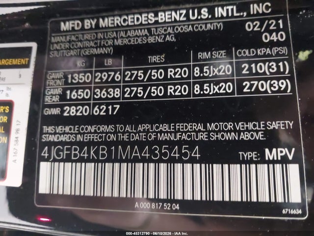 2021 Mercedes-benz Gle 350 4matic მანქანა იყიდება აუქციონზე, vin: 4JGFB4KB1MA435454, აუქციონის ნომერი: 45312790