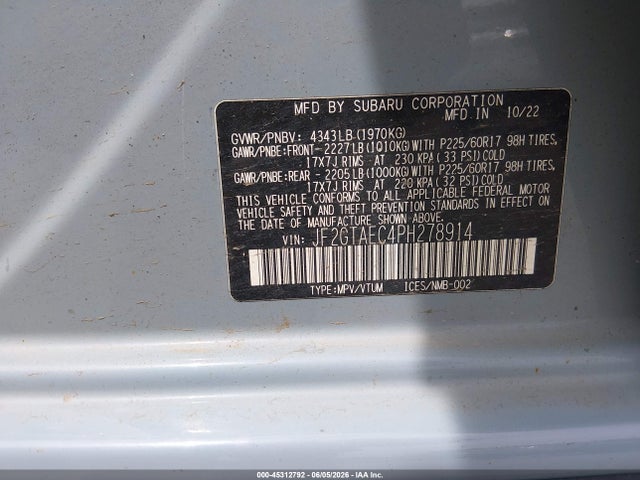 Продажа на аукционе авто 2023 Subaru Crosstrek Premium, vin: JF2GTAEC4PH278914, номер лота: 45312792