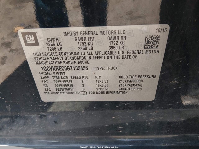 Aukcja sprzedaży 2016 Chevrolet Silverado 1500 2lt, vin: 1GCVKREC0GZ105456, numer aukcji: 45312796