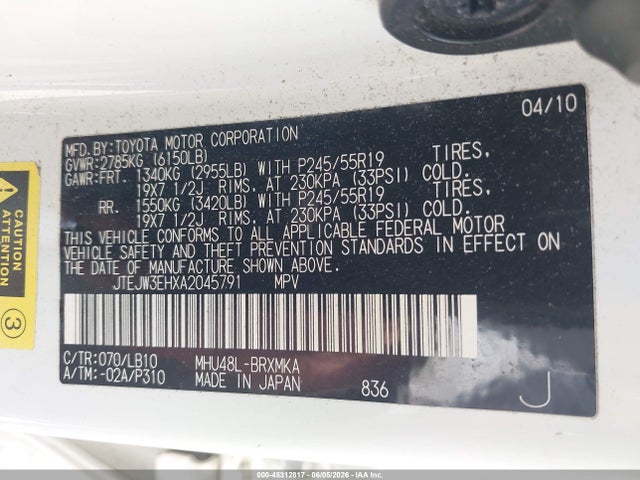 45312817 :رقم المزاد ، JTEJW3EHXA2045791 vin ، 2010 Toyota Highlander Hybrid Limited V6 مزاد بيع