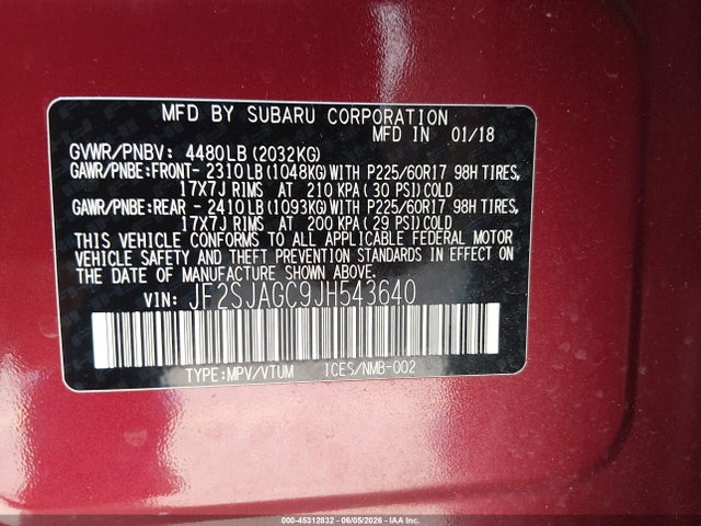 45312832 :رقم المزاد ، JF2SJAGC9JH543640 vin ، 2018 Subaru Forester 2.5i Premium مزاد بيع