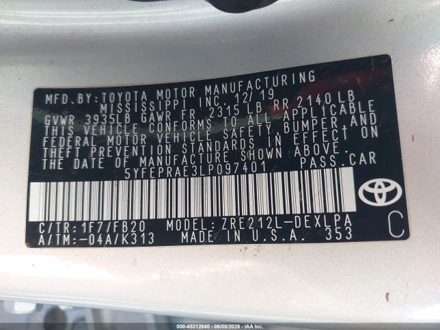 Aukcja sprzedaży 2020 Toyota Corolla Le, vin: 5YFEPRAE3LP097401, numer aukcji: 45312840