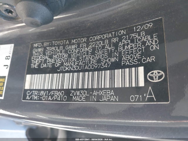 45312841 :رقم المزاد ، JTDKN3DU1A0097347 vin ، 2010 Toyota Prius Ii مزاد بيع