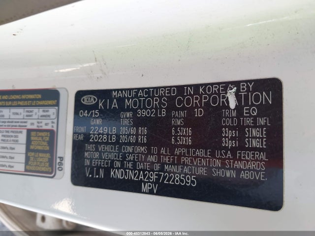 Auction sale of the 2015 Kia Soul, vin: KNDJN2A29F7228595, lot number: 45312843