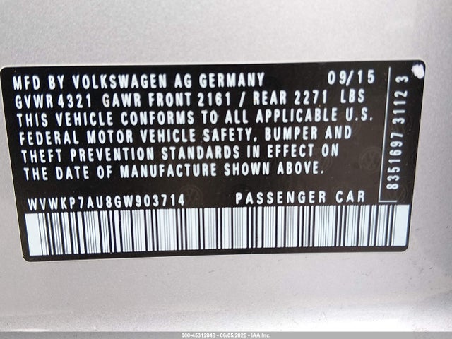 Aukcja sprzedaży 2016 Volkswagen E-golf Se, vin: WVWKP7AU8GW903714, numer aukcji: 45312848