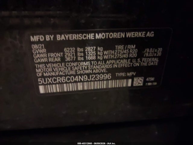 Aukcja sprzedaży 2022 Bmw X5 Xdrive40i, vin: 5UXCR6C04N9J23996, numer aukcji: 45312860