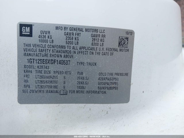 45312900 :رقم المزاد ، 1GT125E8XDF140537 vin ، 2013 Gmc Sierra 2500hd Denali مزاد بيع