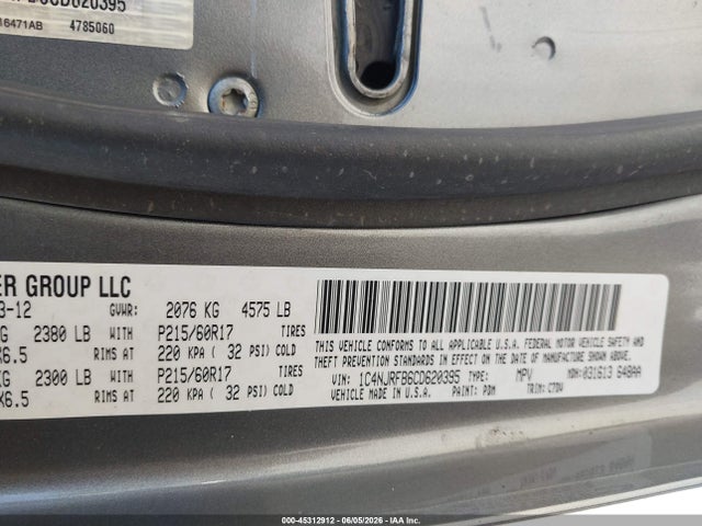 Aukcja sprzedaży 2012 Jeep Patriot Latitude, vin: 1C4NJRFB6CD620395, numer aukcji: 45312912