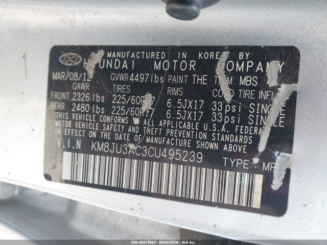 Aukcja sprzedaży 2012 Hyundai Tucson Gls, vin: KM8JU3AC3CU495239, numer aukcji: 45312963