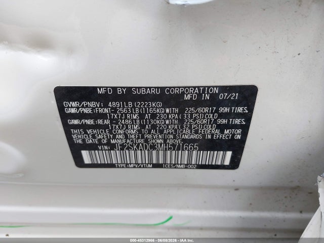 45312966 :رقم المزاد ، JF2SKADC3MH571665 vin ، 2021 Subaru Forester مزاد بيع