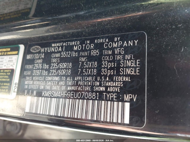 45312969 :رقم المزاد ، KM8SM4HF9EU070881 vin ، 2014 Hyundai Santa Fe Gls مزاد بيع