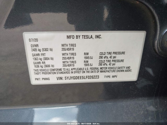 Aukcja sprzedaży 2020 Tesla Model Y Long Range Dual Motor All-wheel Drive, vin: 5YJYGDEE5LF026223, numer aukcji: 45312975