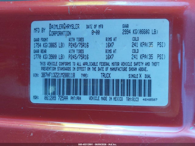 45312991 :رقم المزاد ، 3B7HF13Z21M288118 vin ، 2001 Dodge Ram 1500 St مزاد بيع