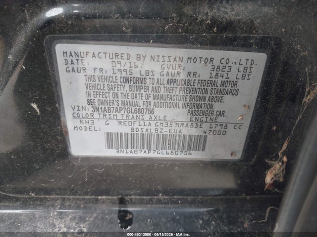 Aukcja sprzedaży 2016 Nissan Sentra S, vin: 3N1AB7AP7GL680756, numer aukcji: 45313000