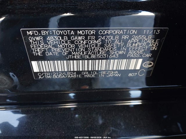Aukcja sprzedaży 2014 Lexus Gs 350, vin: JTHBE1BL8E5031643, numer aukcji: 45313006
