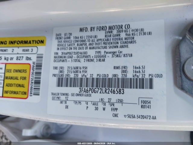 Aukcja sprzedaży 2020 Ford Fusion S, vin: 3FA6P0G72LR246583, numer aukcji: 45313009